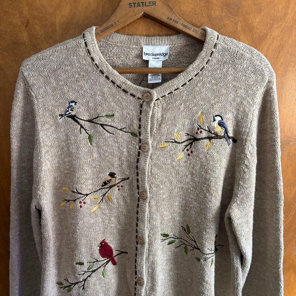 VINTAGE Embroidered Bird Oatmeal Button Down Cardigan Sweater 1X Slouchy Artsy - Picture 3 of 14